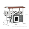 Wooden Cat House Shelter With Balcony Roof